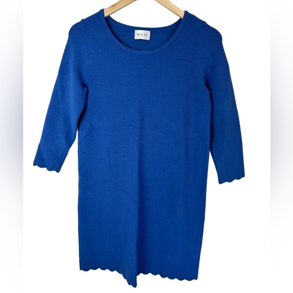 Milly Scallop Hem A-Line Long Sleeve Knit Shift Dress Royal French Blue - Picture 3 of 10